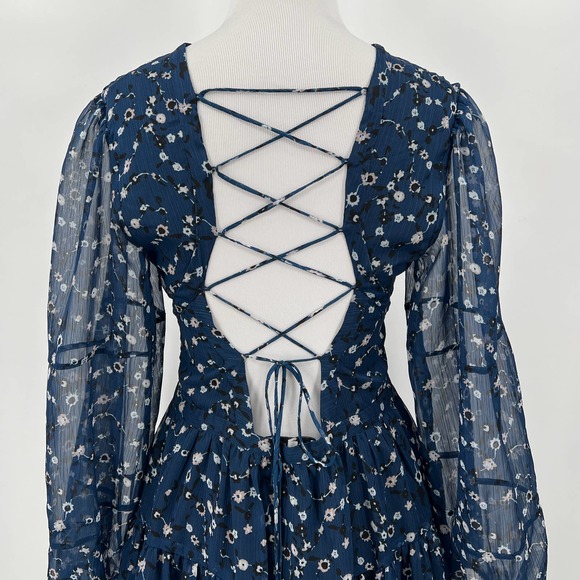 KARINA GRIMALDI Olga Mini Dress Womens Small Blue Mood Floral Lace Up - Picture 7 of 14
